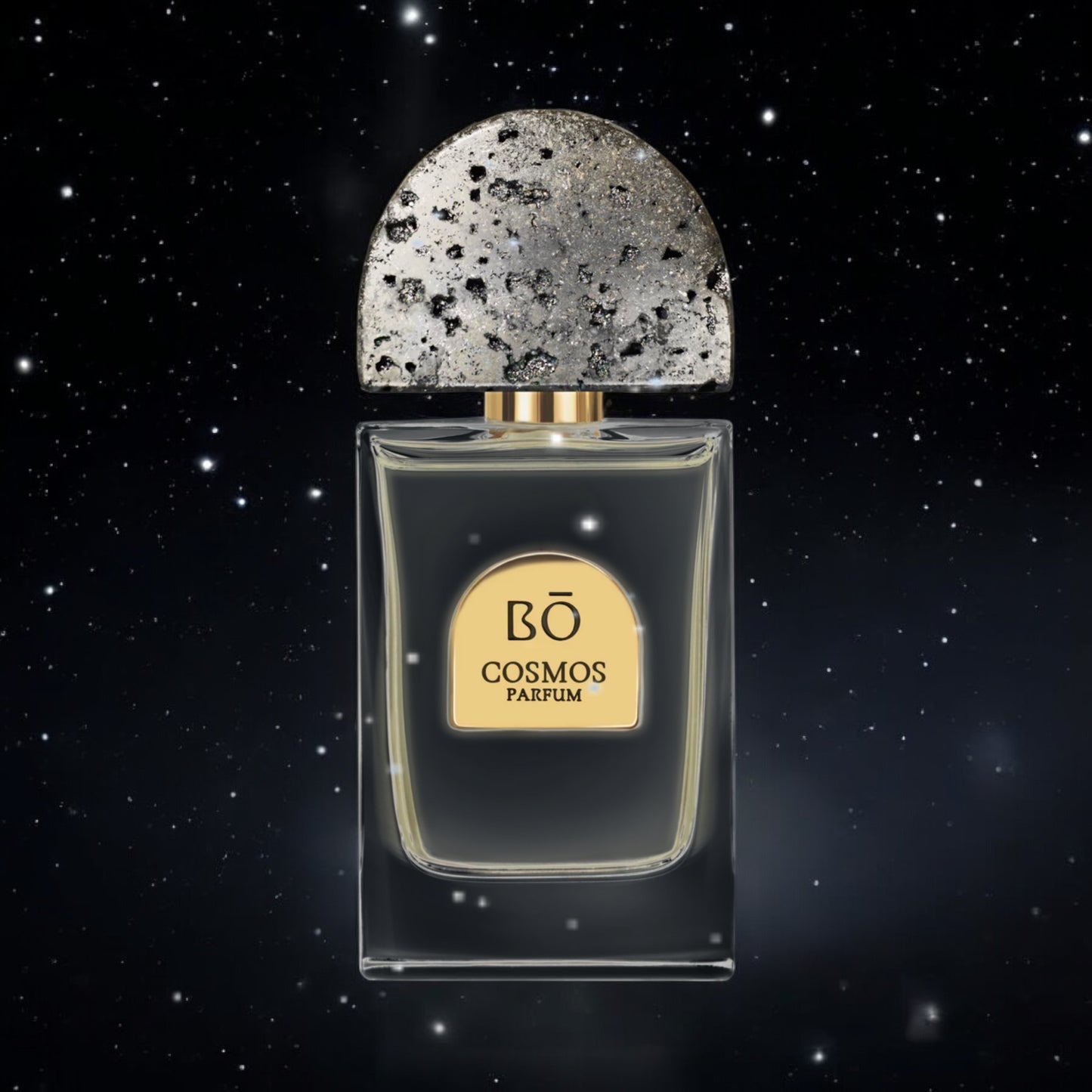 House of Bō Cosmos fragrance sample – metallic gourmand notes of whiskey, incense and cacao styled in a striking cosmic setting