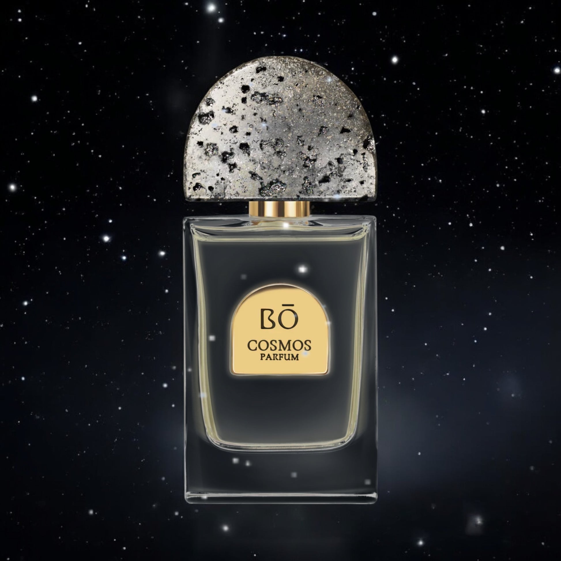 House of Bō Cosmos fragrance sample – metallic gourmand notes of whiskey, incense and cacao styled in a striking cosmic setting