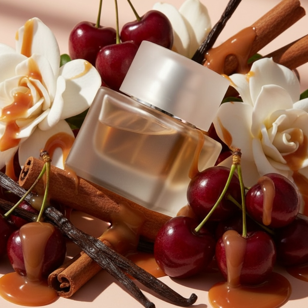 Huda Beauty Easy Bake Intense fragrance perfume bottle surrounded by cherries, flowers, and vanilla beans on a beige background