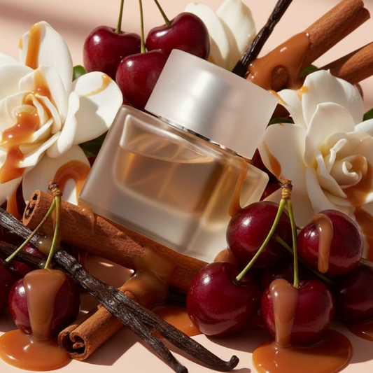 Huda Beauty Easy Bake Intense fragrance perfume bottle surrounded by cherries, flowers, and vanilla beans on a beige background