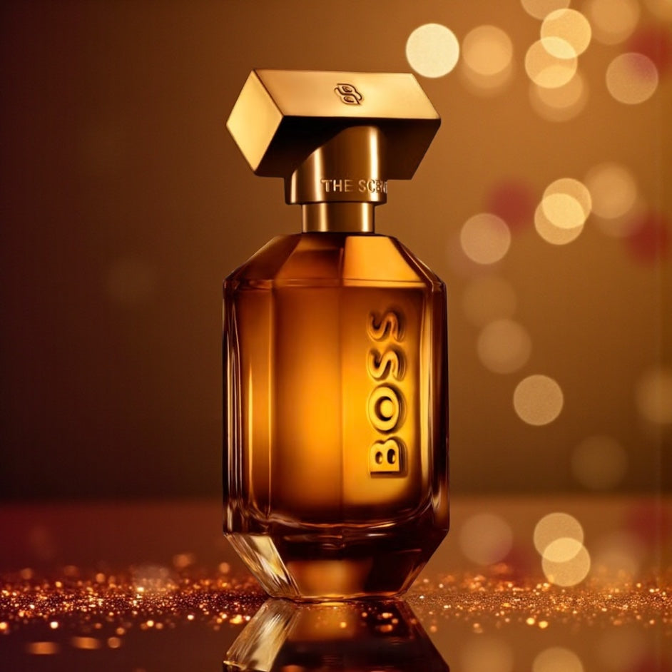 Hugo Boss The Scent Intense For Her perfume styled in a warm, intimate setting