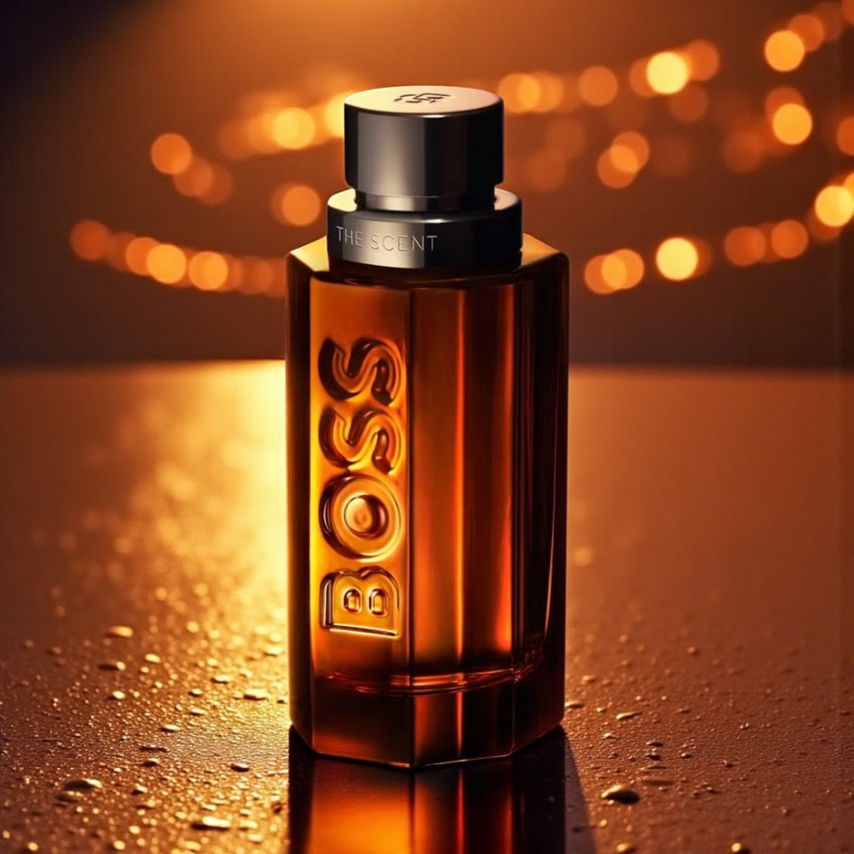 Hugo Boss The Scent Intense For Him perfume styled in a dark, masculine setting