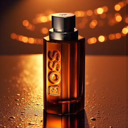 Hugo Boss The Scent Intense For Him perfume styled in a dark, masculine setting