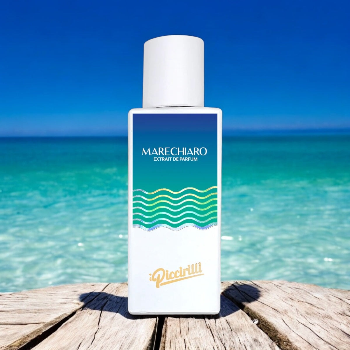Marechiaro perfume sample by I Piccirilli – sea breeze fragrance shown on the docks with turquoise water and blue skies.