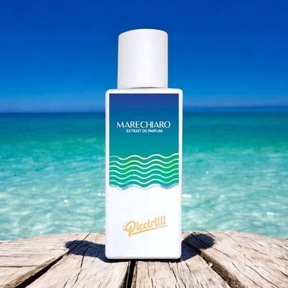 Marechiaro perfume sample by I Piccirilli – sea breeze fragrance shown on the docks with turquoise water and blue skies.