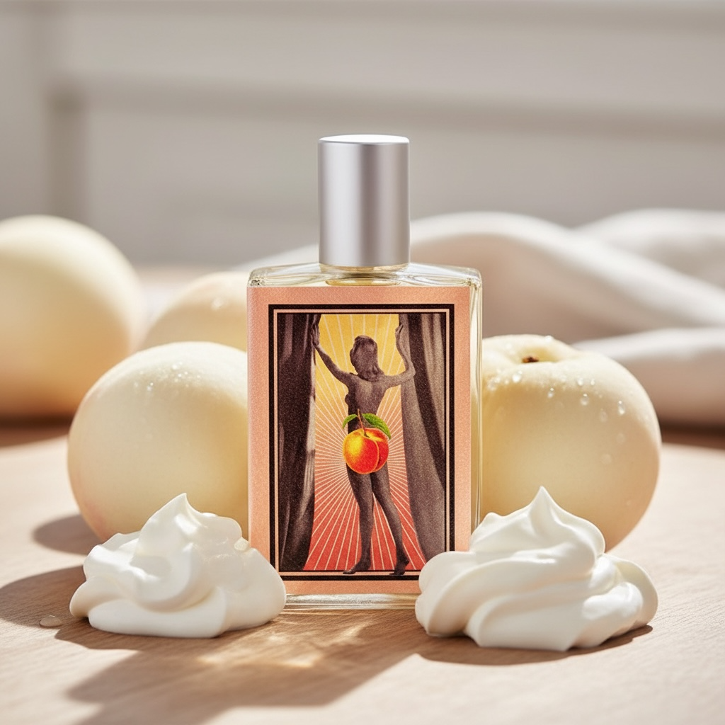 Imaginary Authors First Peach of the Season perfume styled in a sunlit, peach-inspired setting