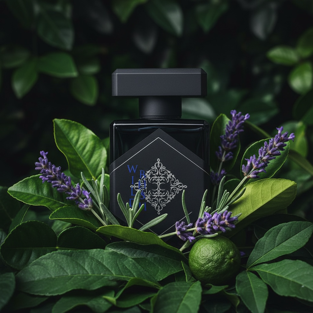 Initio Wild Rush perfume styled in a fresh, moody botanical setting