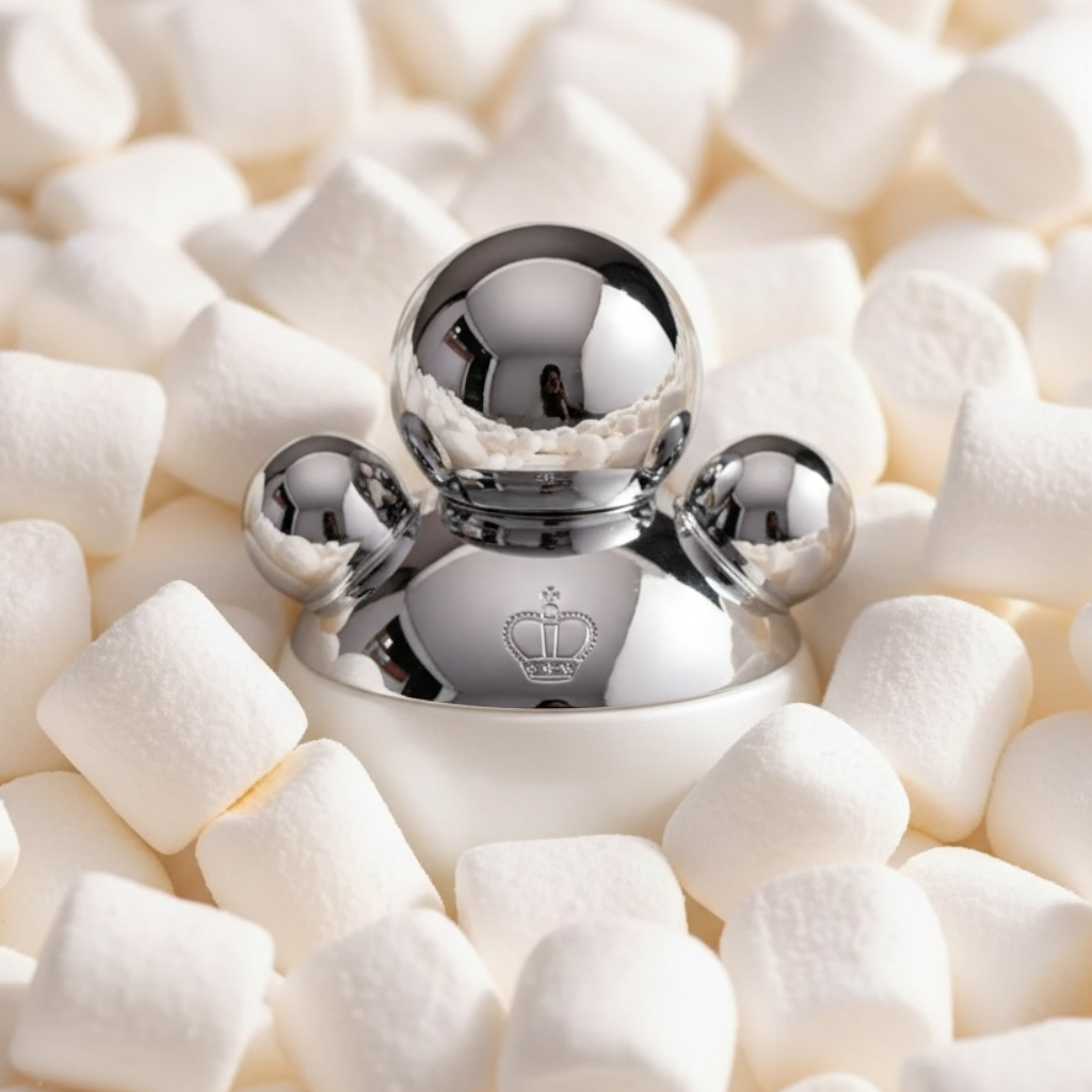 IRFÉ Marshmallow Musk perfume styled in a soft, airy marshmallow setting