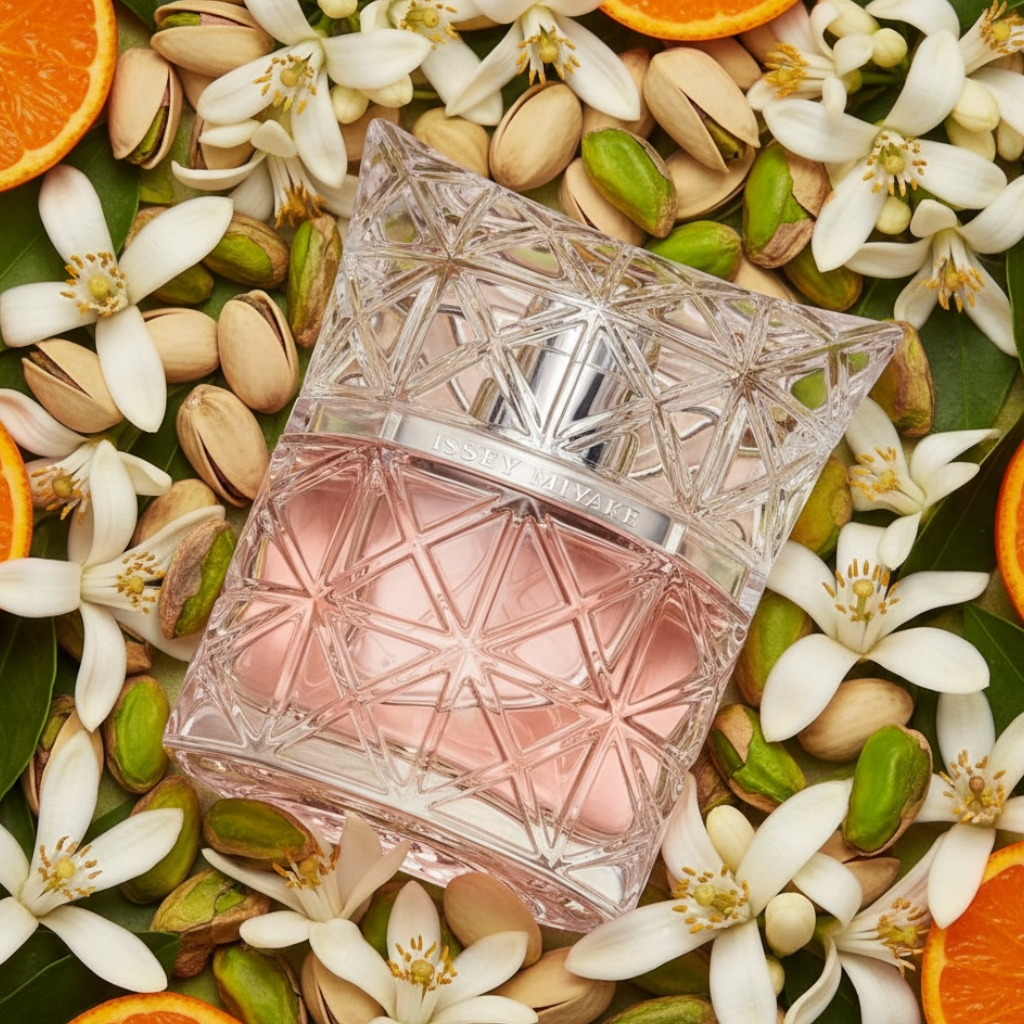 Issey Miyake Lumière d’Issey perfume styled in a sunlit Mediterranean-inspired setting with orange blossom nd pistachios
