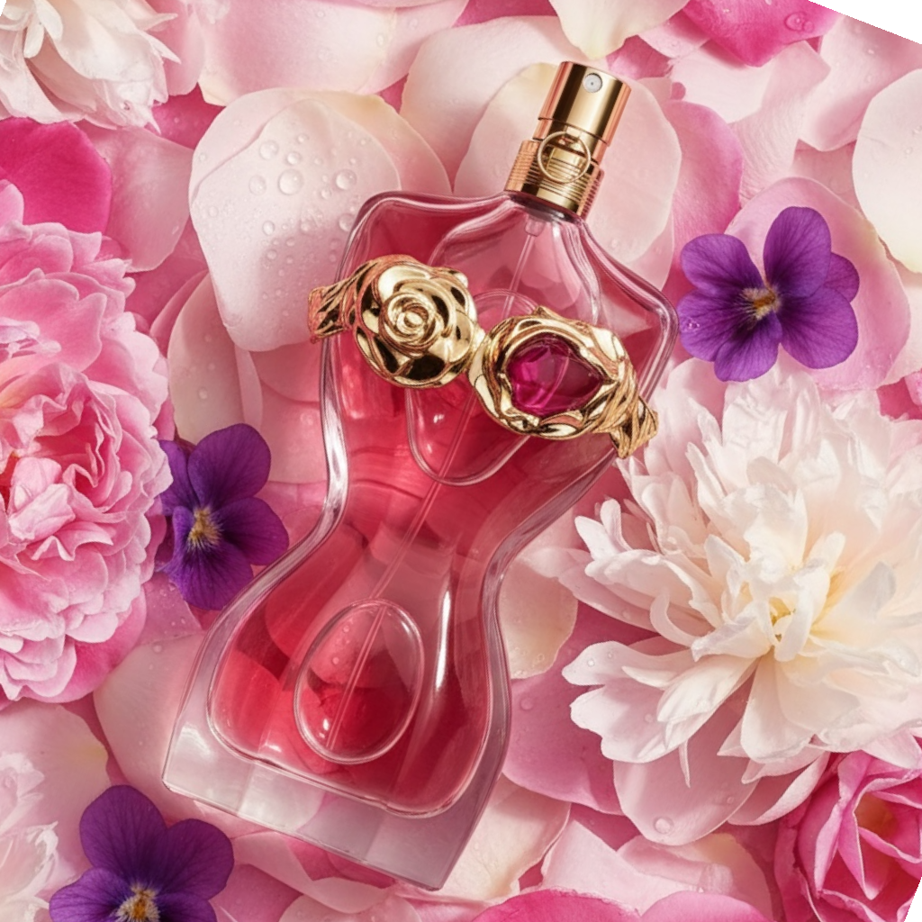 Jean Paul Gaultier La Belle Rosea perfume styled in a luminous floral setting