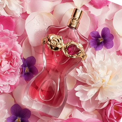 Jean Paul Gaultier La Belle Rosea perfume styled in a luminous floral setting