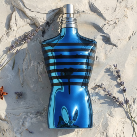 Jean Paul Gaultier Le Male In Blue styled in a sandy setting with lavender and anise
