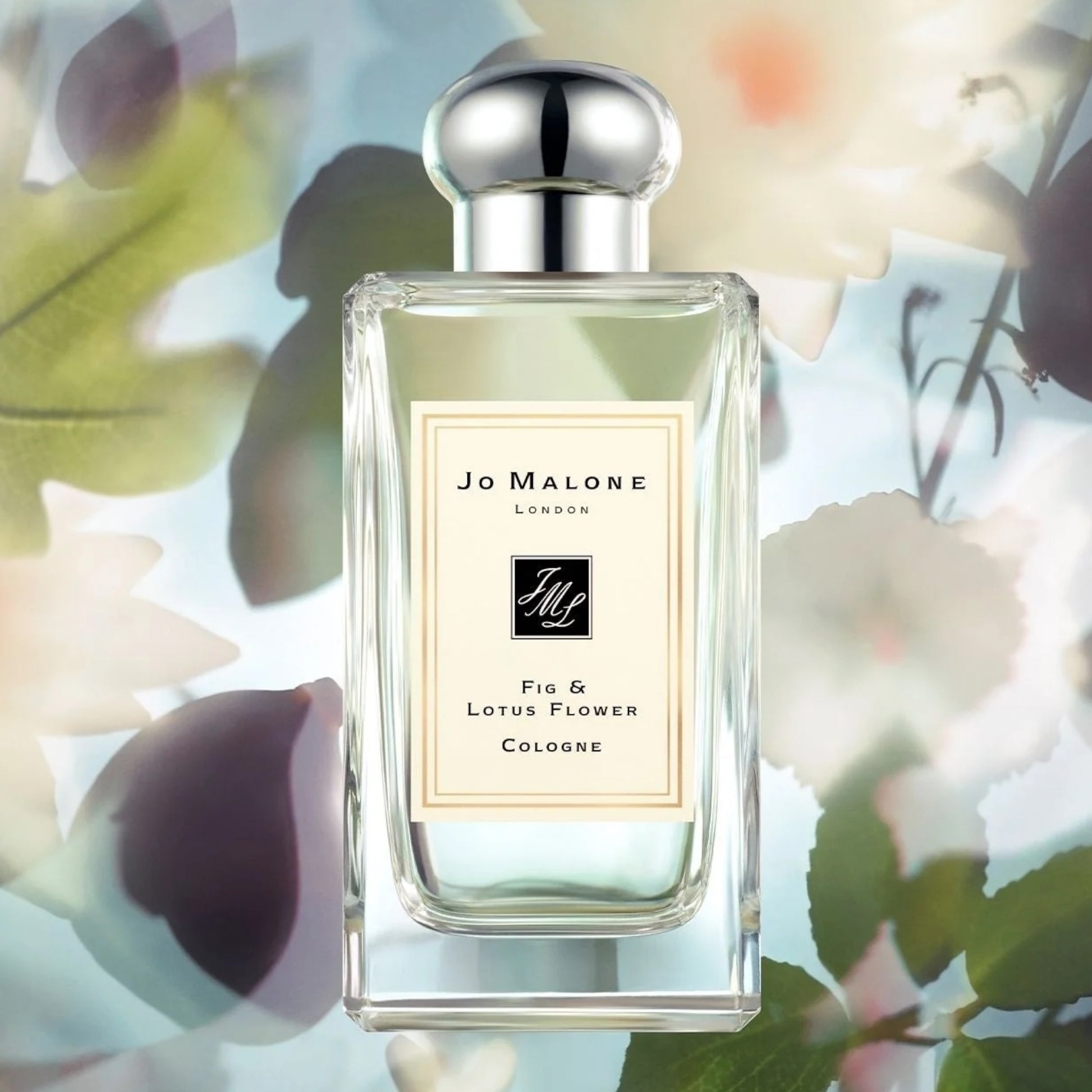 Jo Malone Fig & Lotus Flower perfume sample - fresh fig and dewy lotus floral fragrance styled in a serene botanical setting