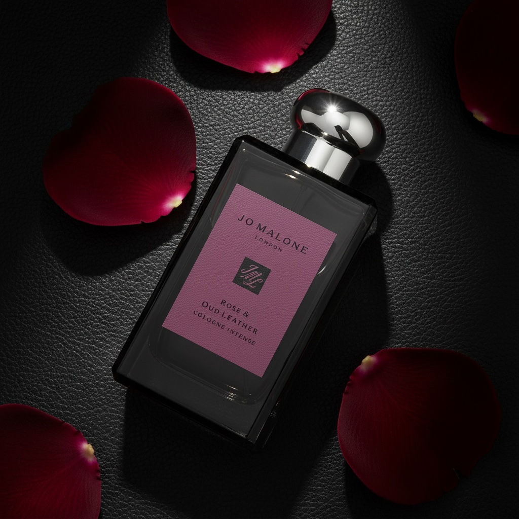 Jo Malone London Rose & Oud Leather Cologne Intense styled with roses, leather and warm amber tones