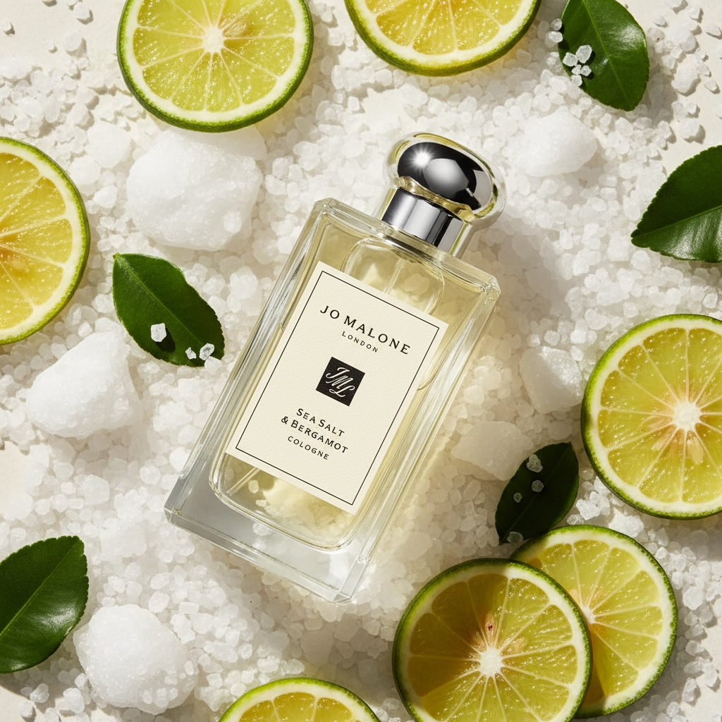 Jo Malone Sea Salt & Bergamot styled with fresh bergamot, sea salt, driftwood and coastal water