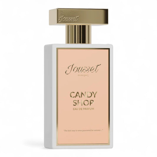 Jousset Candy Shop fragrance sample – tropical fruity gourmand with vanilla cream and sugar, shown with 50ml full-size bottle