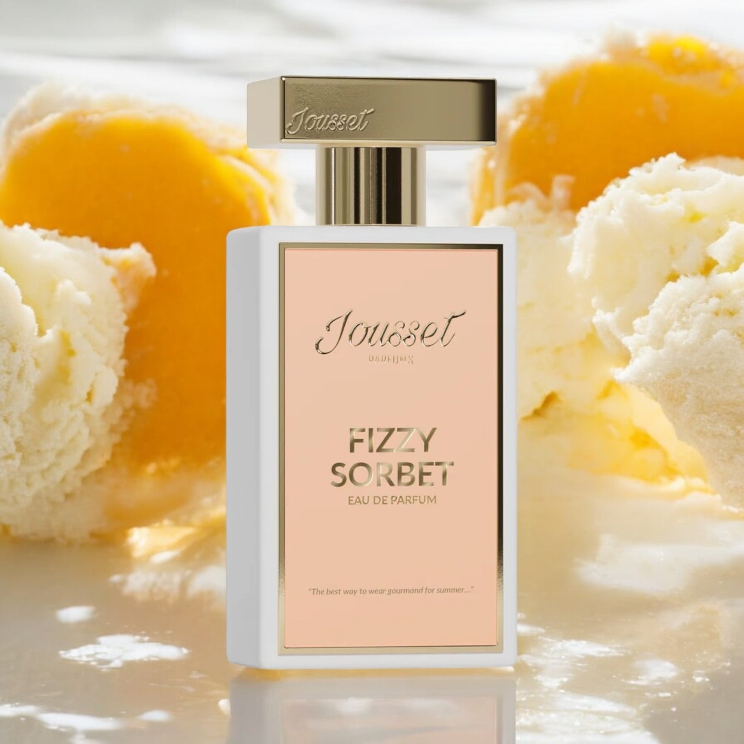 Jousset Fizzy Sorbet perfume sample – zesty summer sorbet with creamy coconut, pictured with creamy ice cream