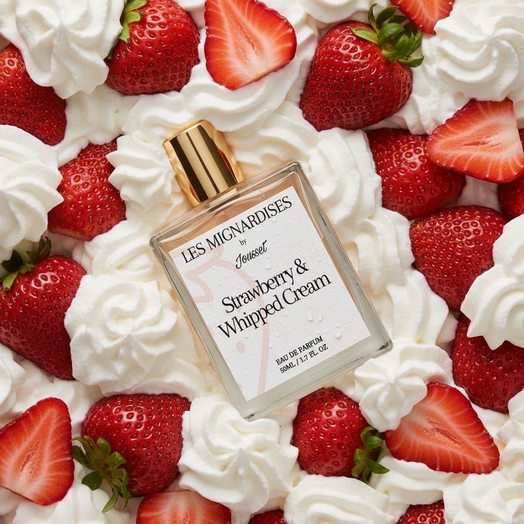 Jousset Strawberry & Whipped Cream styled with fresh strawberries, white sugar and softly whipped cream