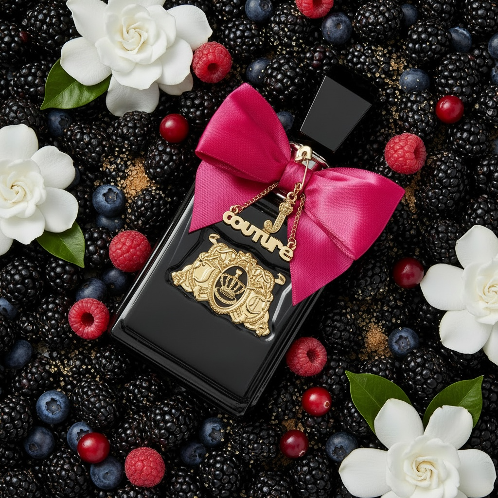Juicy Couture Viva La Juicy Elixir styled with wild berries, brown sugar and gardenia