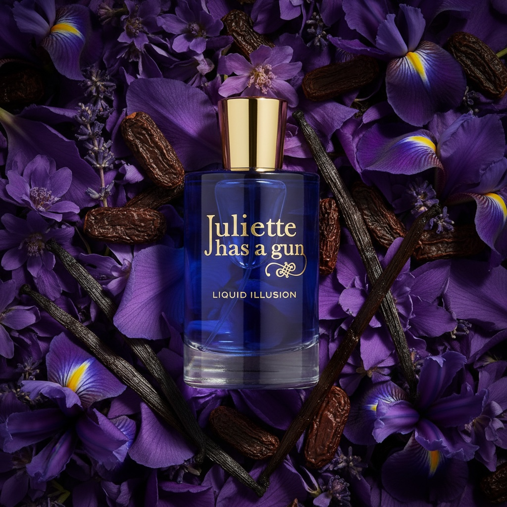 Juliette Has a Gun Liquid Illusion styled with iris flowers, vanilla and warm amber light