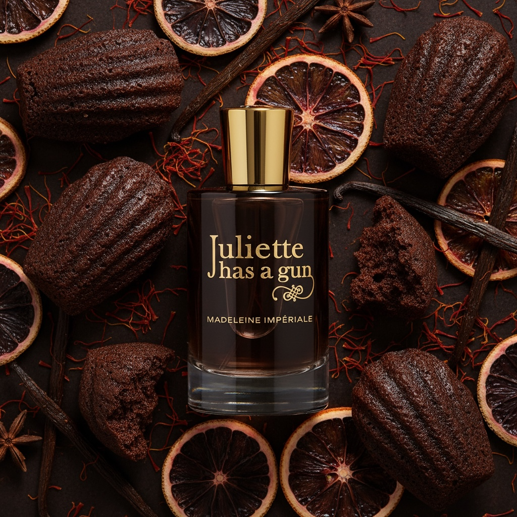 Juliette Has a Gun Madeleine Impériale styled with freshly baked madeleines, blood orange and warm woods
