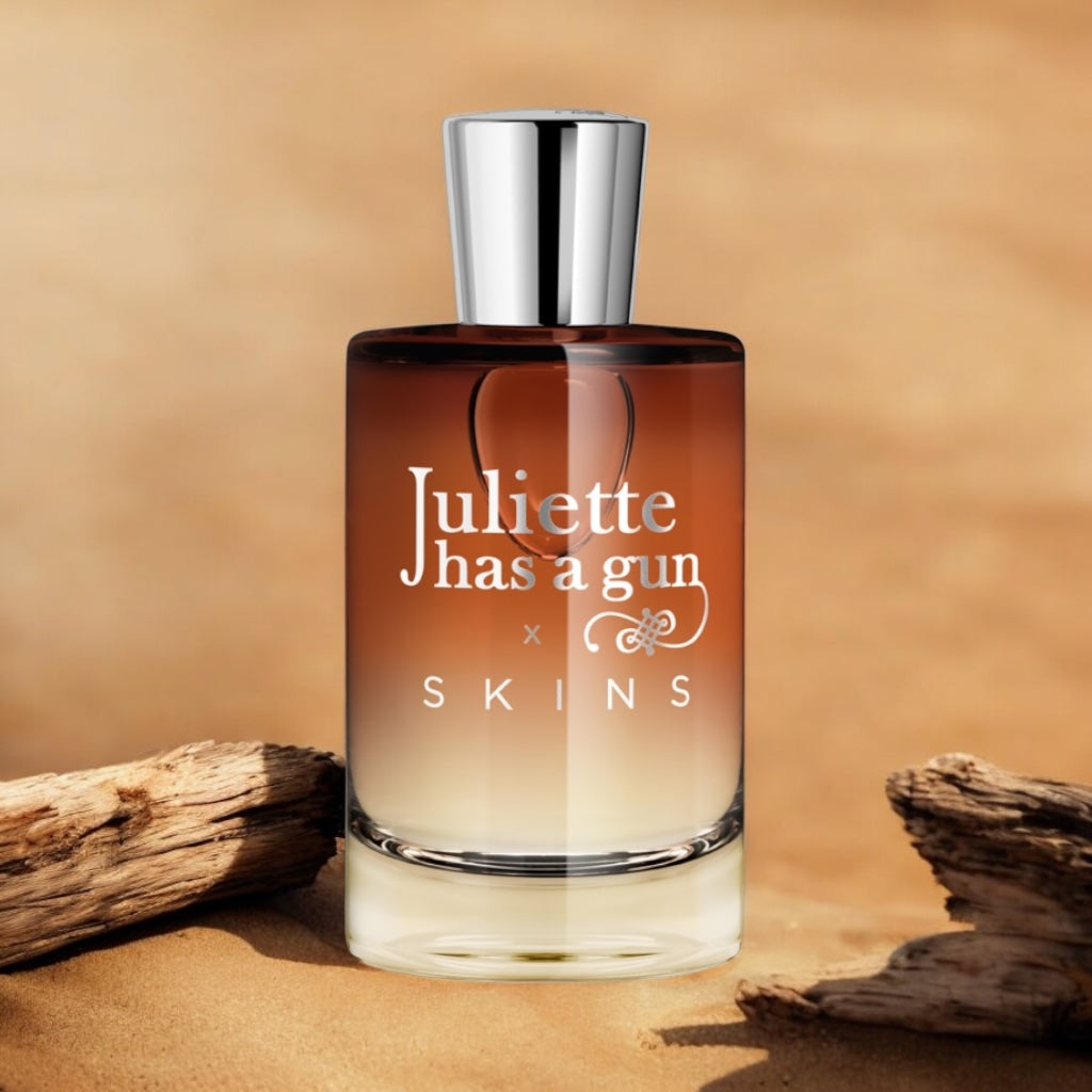 Close-up of Juliette x Skins perfume sample, a genderless woody scent with bright freshness and warm musky depth.