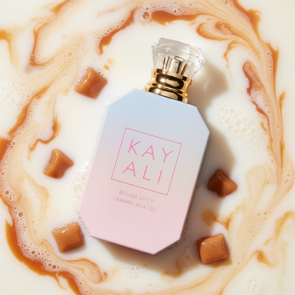 Kayali Boujee Kitty Caramel Milk 22 styled with salted caramel, white chocolate and creamy vanilla