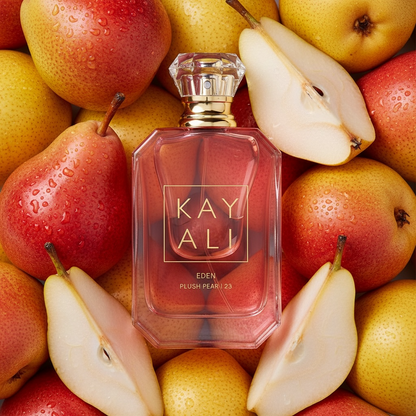 Kayali Eden Plush Pear 23 perfume styled with pears and soft floral notes