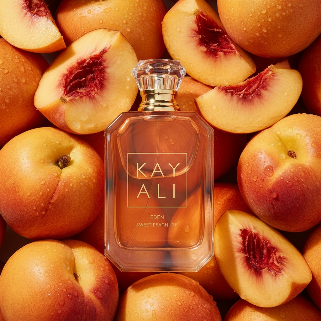 Kayali Eden Sweet Peach 35 perfume styled with ripe peaches