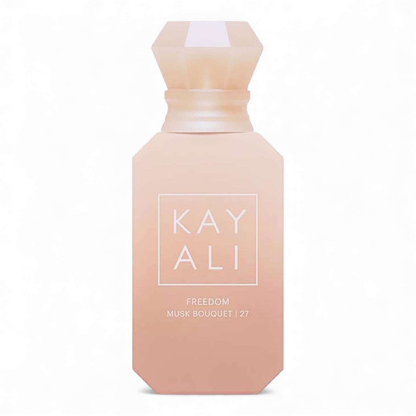 Kayali Freedom Musk Bouquet 27 fragrance sample, a powdery floral scent with ylang-ylang, rose and vanilla musk shown in retail bottle for decanting.