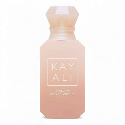 Kayali Freedom Musk Bouquet 27 fragrance sample, a powdery floral scent with ylang-ylang, rose and vanilla musk shown in retail bottle for decanting.