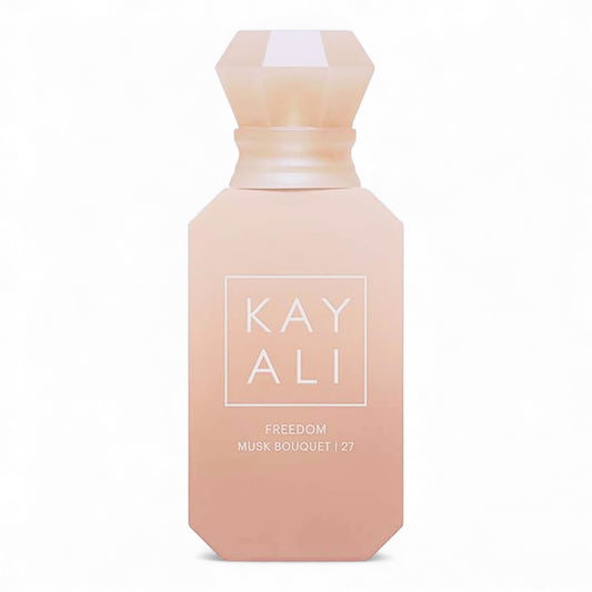 Kayali Freedom Musk Bouquet 27 fragrance sample, a powdery floral scent with ylang-ylang, rose and vanilla musk shown in retail bottle for decanting.