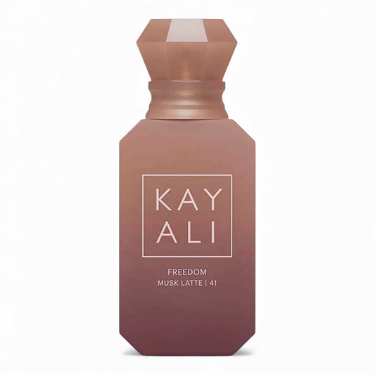 Kayali Freedom Musk Latte 41 fragrance sample, a warm spicy scent with café latte, mandarin and chocolate musk shown in retail bottle for decanting.
