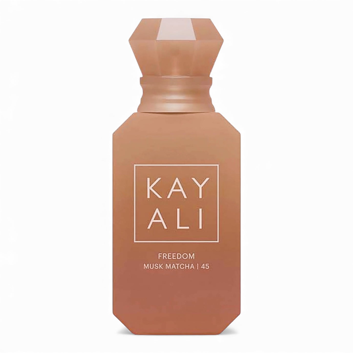 Kayali Freedom Musk Matcha 45 fragrance sample, a warm gourmand scent with matcha, bergamot and sweet musk shown in retail bottle for decanting.