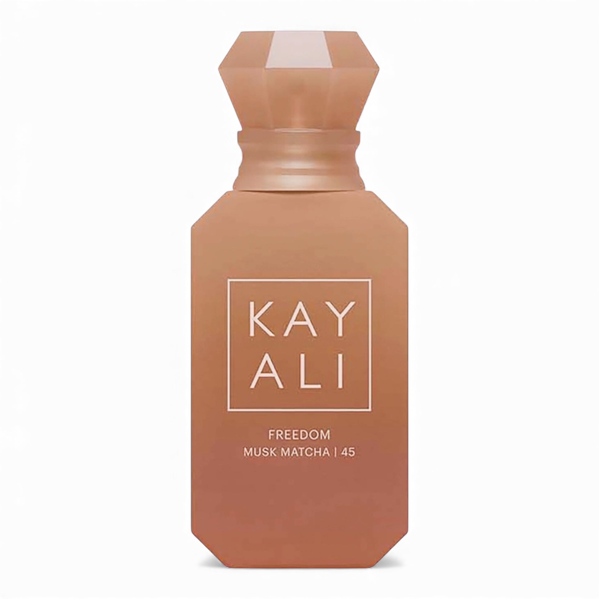 Kayali Freedom Musk Matcha 45 fragrance sample, a warm gourmand scent with matcha, bergamot and sweet musk shown in retail bottle for decanting.