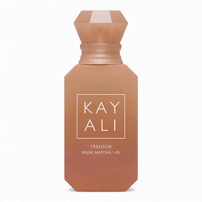 Kayali Freedom Musk Matcha 45 fragrance sample, a warm gourmand scent with matcha, bergamot and sweet musk shown in retail bottle for decanting.