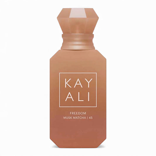 Kayali Freedom Musk Matcha 45 fragrance sample, a warm gourmand scent with matcha, bergamot and sweet musk shown in retail bottle for decanting.