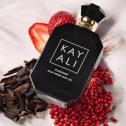 Kayali Milky Musk Oud 30 fragrance sample – warm milky musk and tonka styled in a soft lifestyle setting