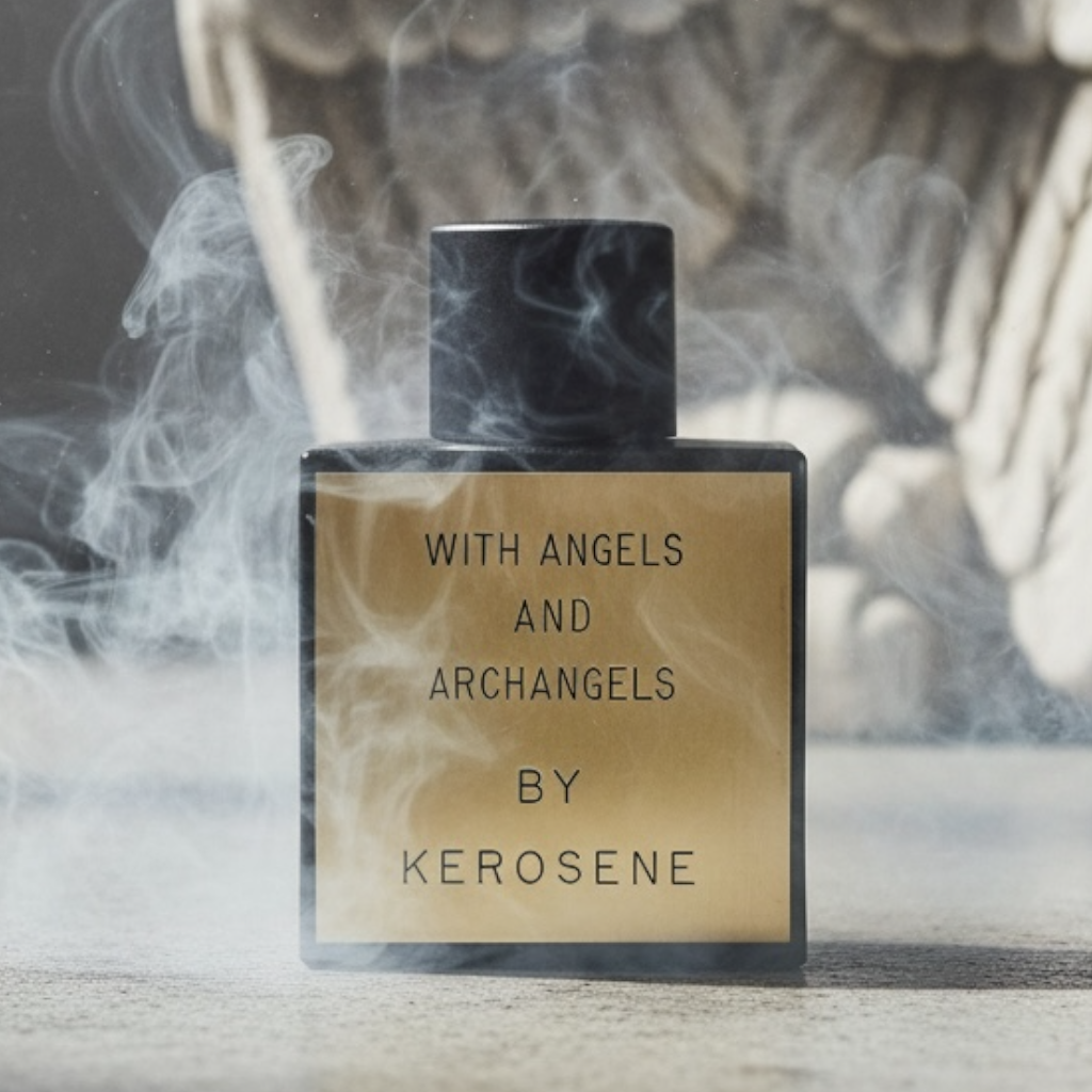 Kerosene With Angels and Archangels perfume styled in a smoky, atmospheric setting