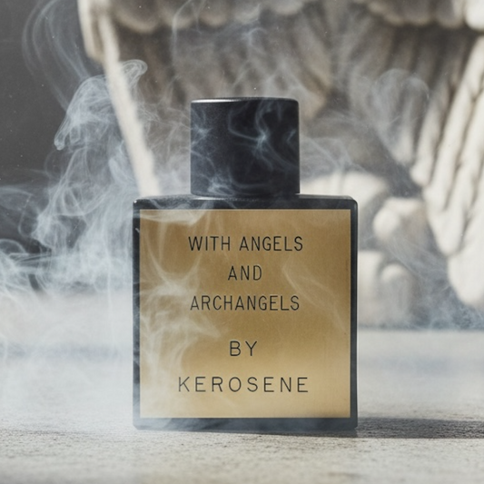 Kerosene With Angels and Archangels perfume styled in a smoky, atmospheric setting