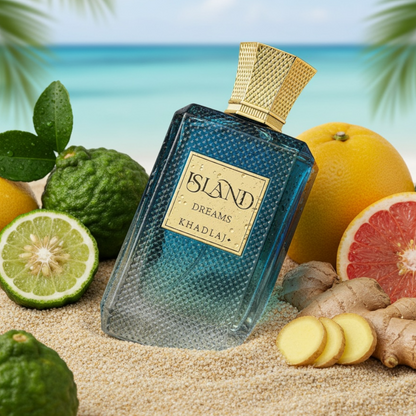 Khadlaj Island Dreams perfume styled in a bright tropical beach setting