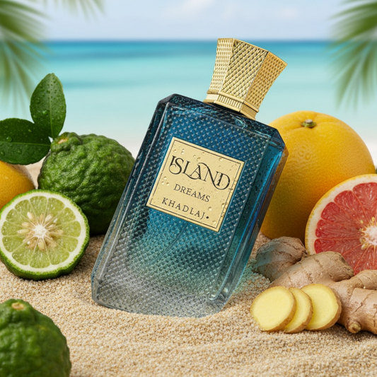 Khadlaj Island Dreams perfume styled in a bright tropical beach setting