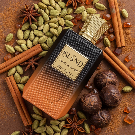 Khadlaj Island Vanilla Dunes perfume styled in a warm background of spices and herbs