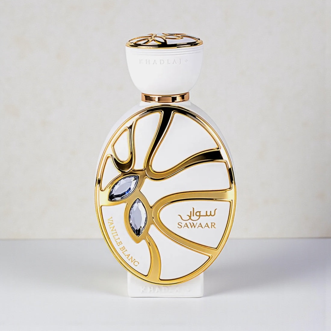 Khadlaj Sawaar Vanille Blanc perfume styled in a soft, elegant setting