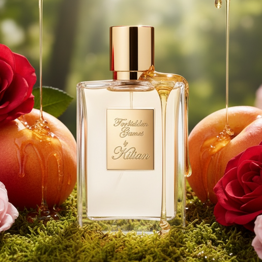 Kilian Forbidden Games perfume styled in a rich, sensual setting