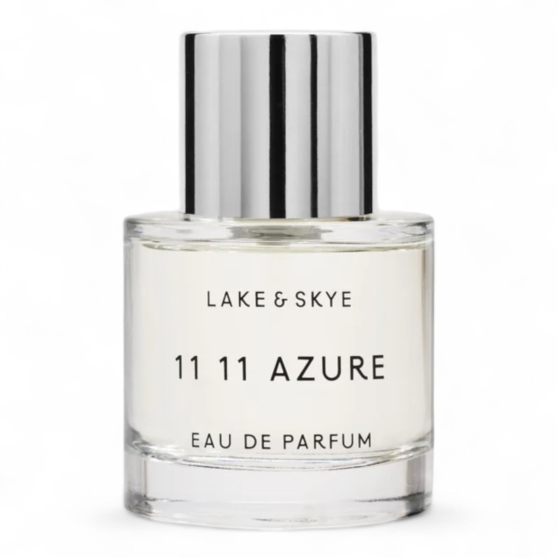 Lake & Skye 11 11 Azure fragrance sample – aquatic floral scent with lotus, hyacinth, and sheer musk, pictured 50ml full‑size bottle