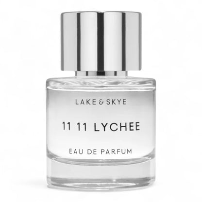Lake & Skye 11 11 Lychee fragrance sample – fruity floral scent with lychee, raspberry, and soft musk, pictured 50ml full‑size bottle