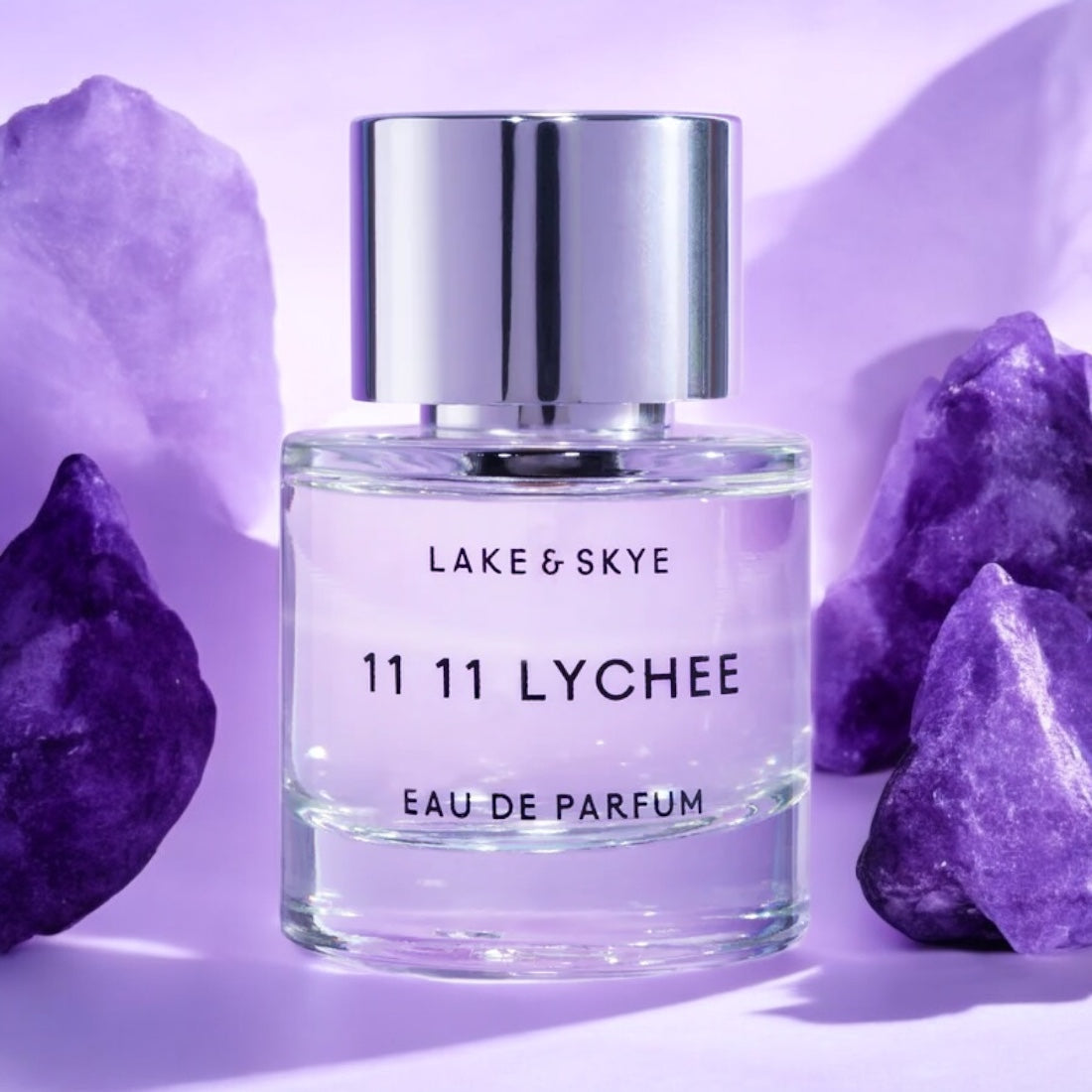 Lake & Skye 11 11 Lychee perfume sample – juicy lychee and soft musk captured in a fresh, radiant setting with purple crystals