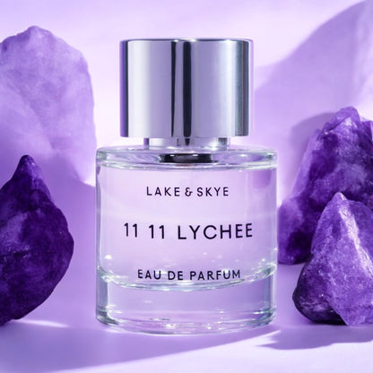 Lake & Skye 11 11 Lychee perfume sample – juicy lychee and soft musk captured in a fresh, radiant setting with purple crystals