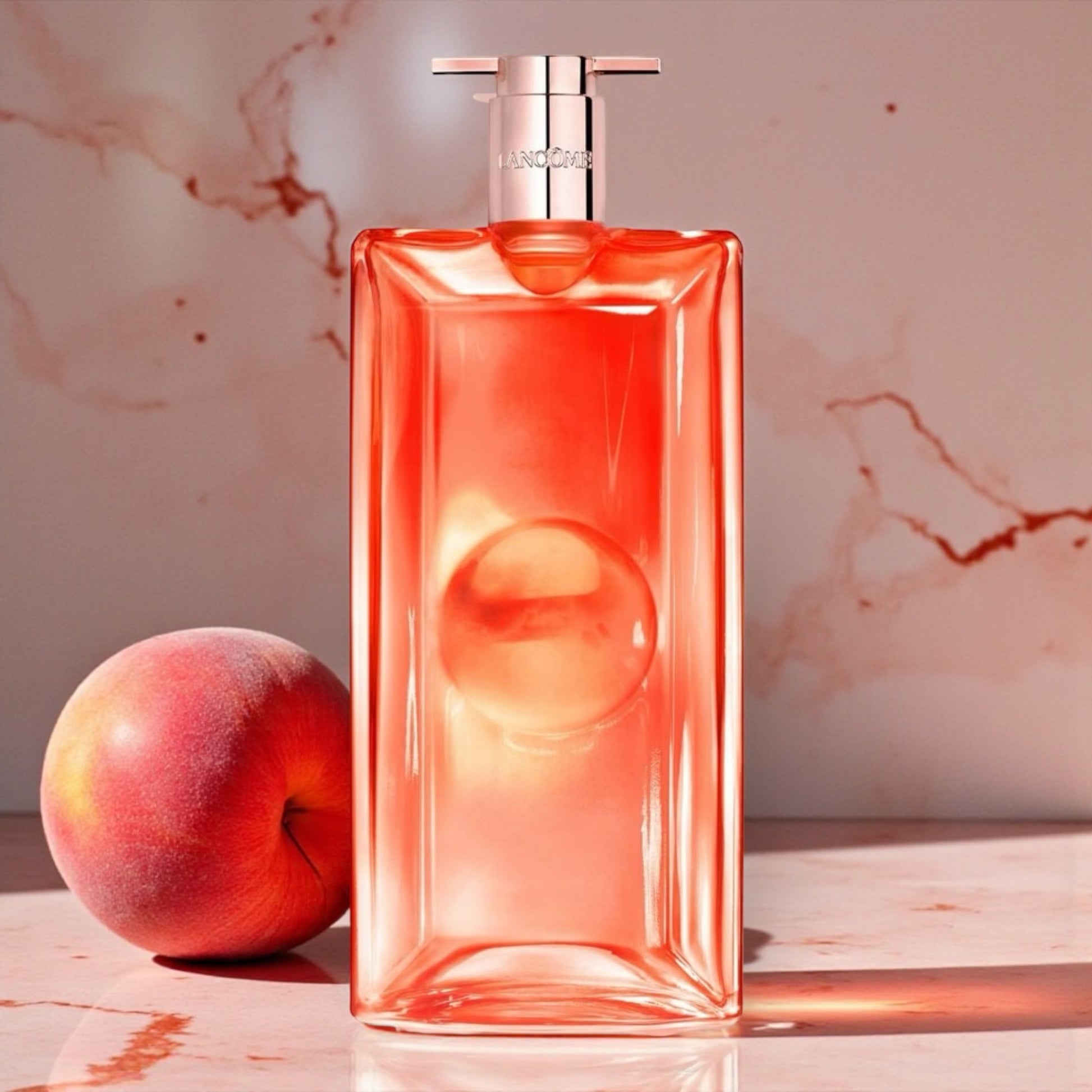 Lancôme Idôle Peach ’N Roses perfume styled in a soft, peach-toned setting